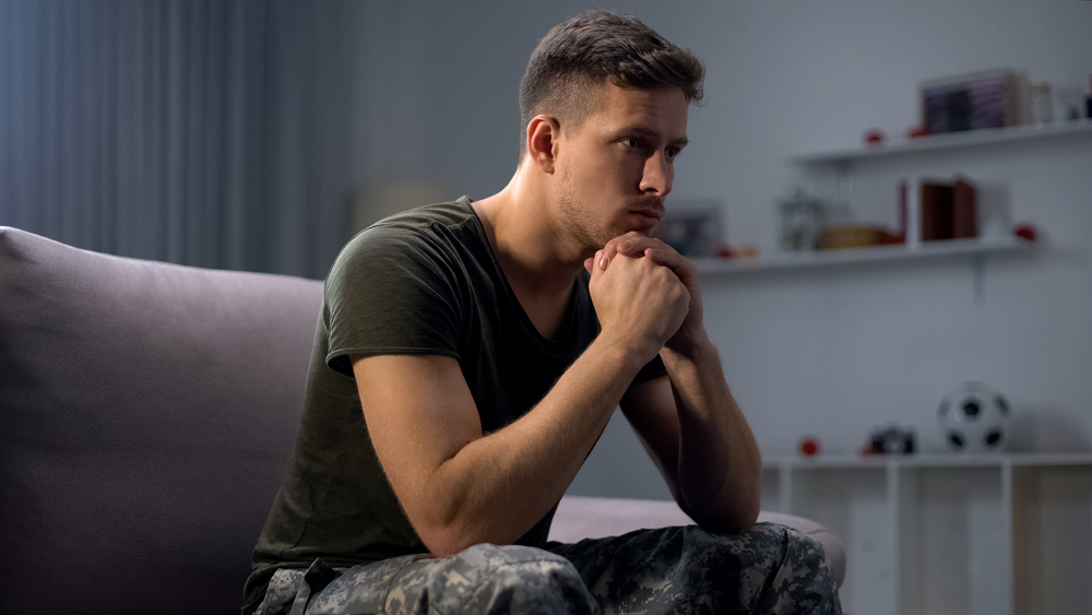 Soldier remembering the war. His emotional well-being is suffering from PTSD